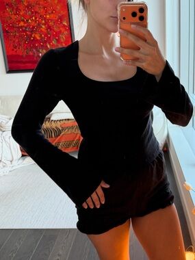 NWT Reformation Devon Knit Top Black Long Sleeve Square Neck Size Small